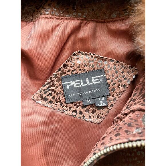 Women's 80s Vintage Pelle NY Brown Leather Animal Print Bomber Jacket Size M - Picture 3 of 6